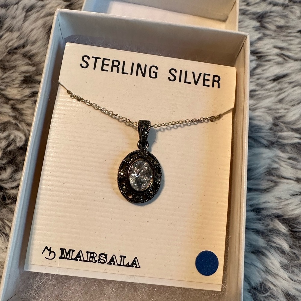 Sterling Silver Cubic Zirconia & Marcasite Oval Pendant